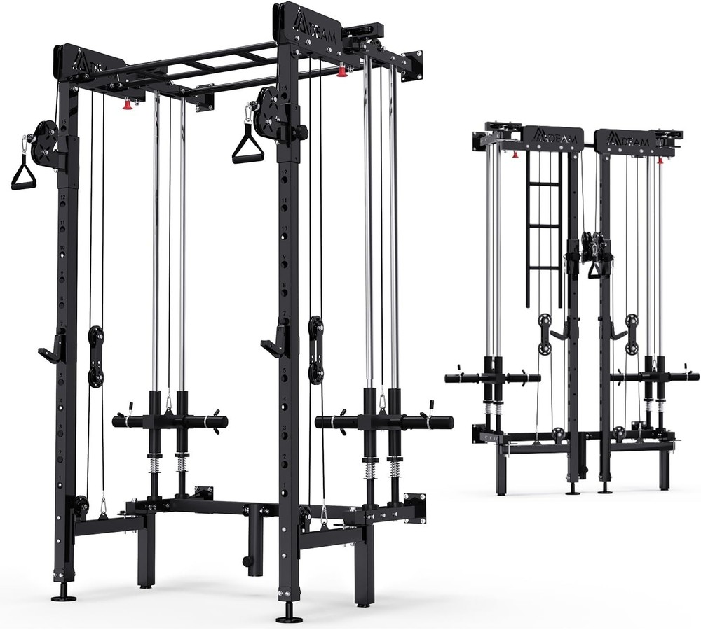 Folding Power Rack, Wall Mounted Squat Rack with Cable Crossover Machine & LA...