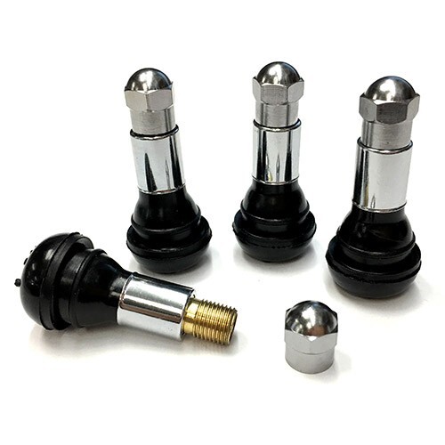 TR413 SNAP-IN TIRE VALVE STEMS WITH CAPS CHROME BLACK RUBBER (4pcs)