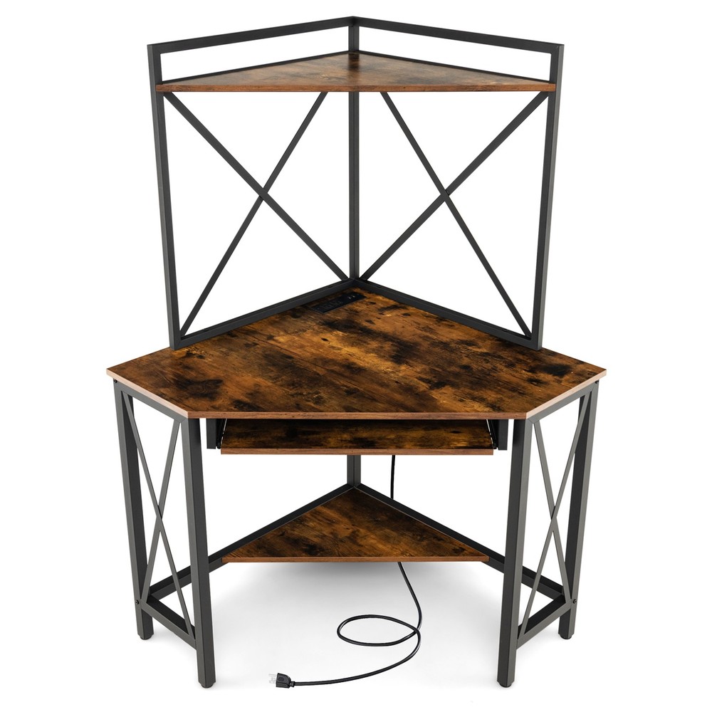 Corner Desk Space-Saving Computer Desk w/ Shelves & Keyboard Tray Rustic Brown