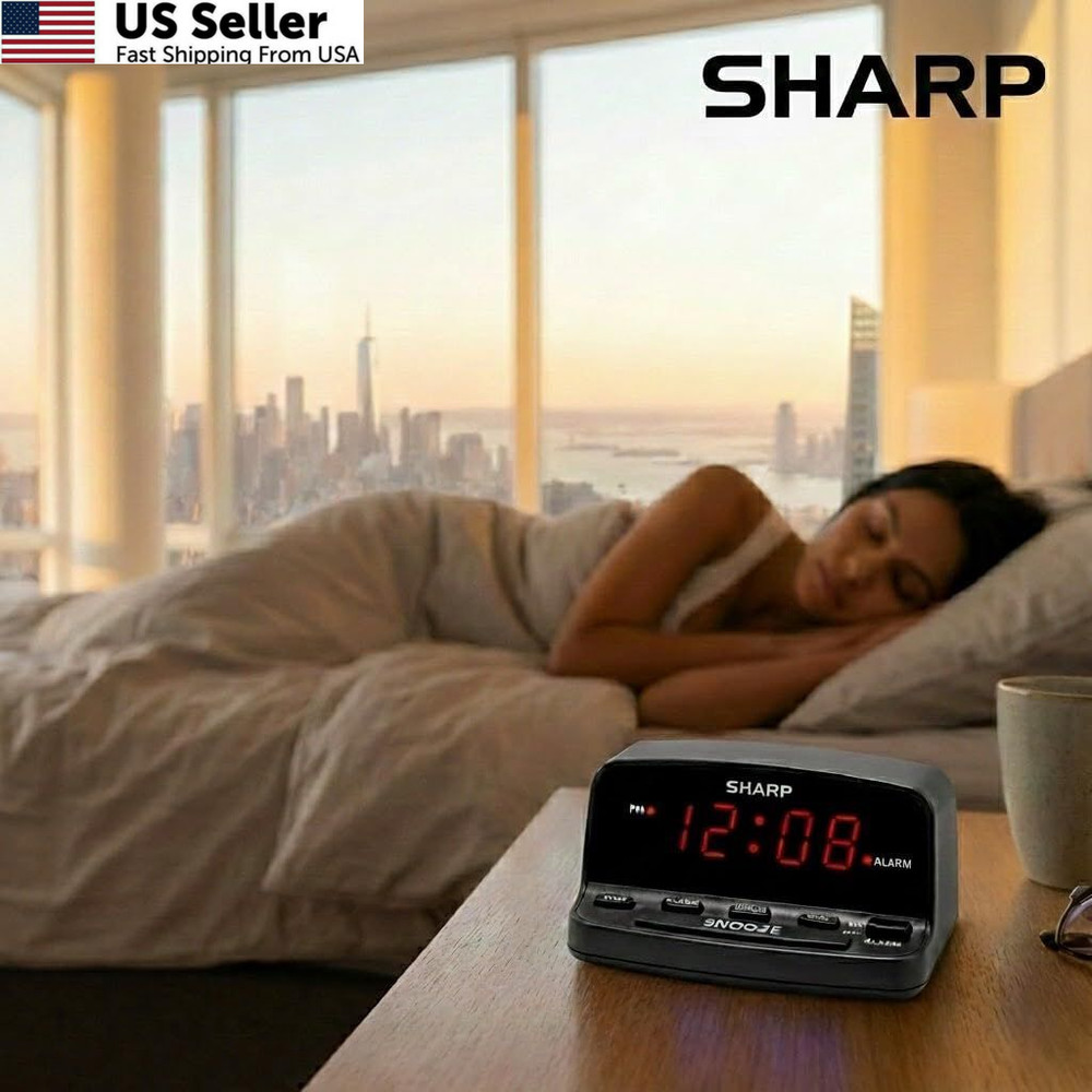 Sharp Digital Alarm Clock with Keyboard Style Controls, Battery Small, Black