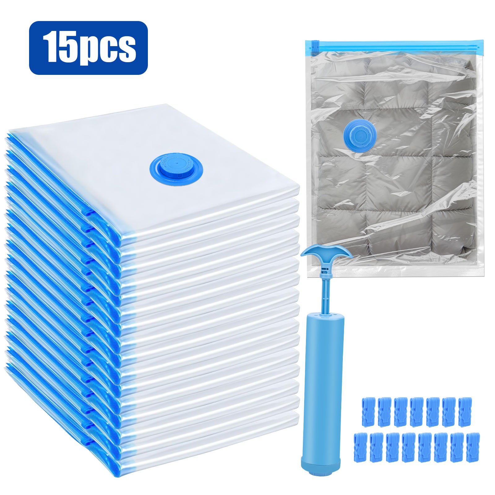 15PCS Vacuum Storage Bags with Hand Pump Space Saver Compression Clothes Luggage