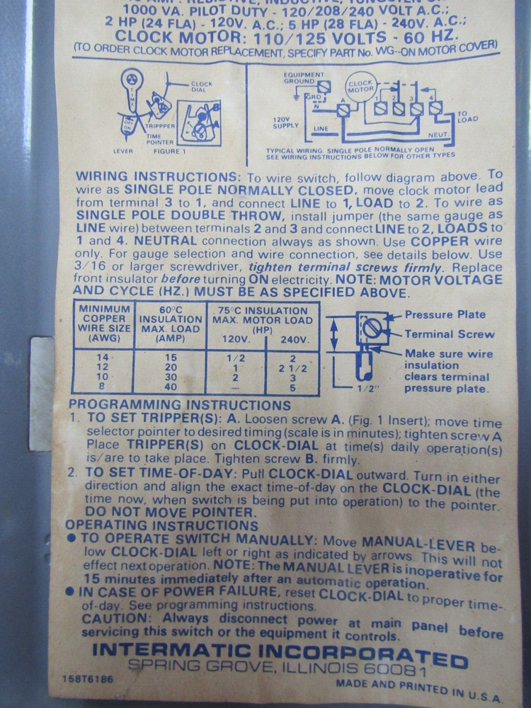 💥INTERMATIC 40 AMP ELECTROMECHANICAL TIMER 120 VAC T185