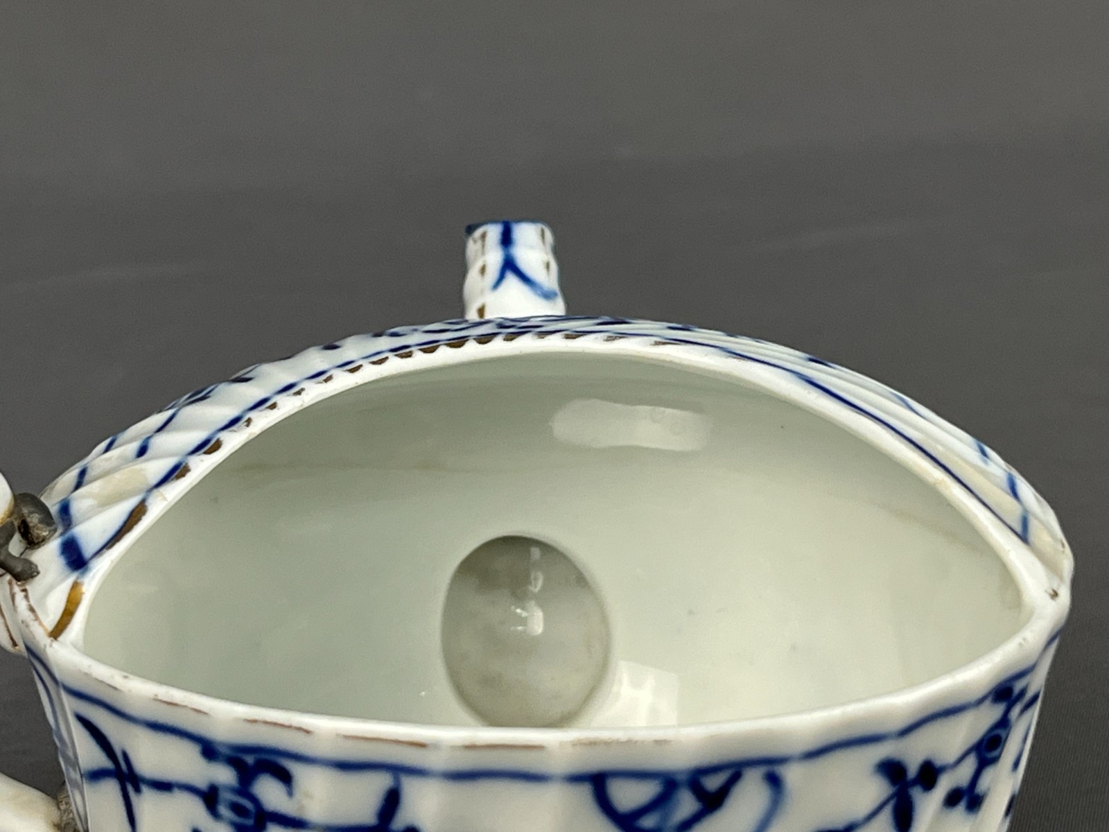 Royal Tettau BLUE ONION Invalid Feeder Pap Boat w/STAPLE REPAIR MAKE DO c. 1885