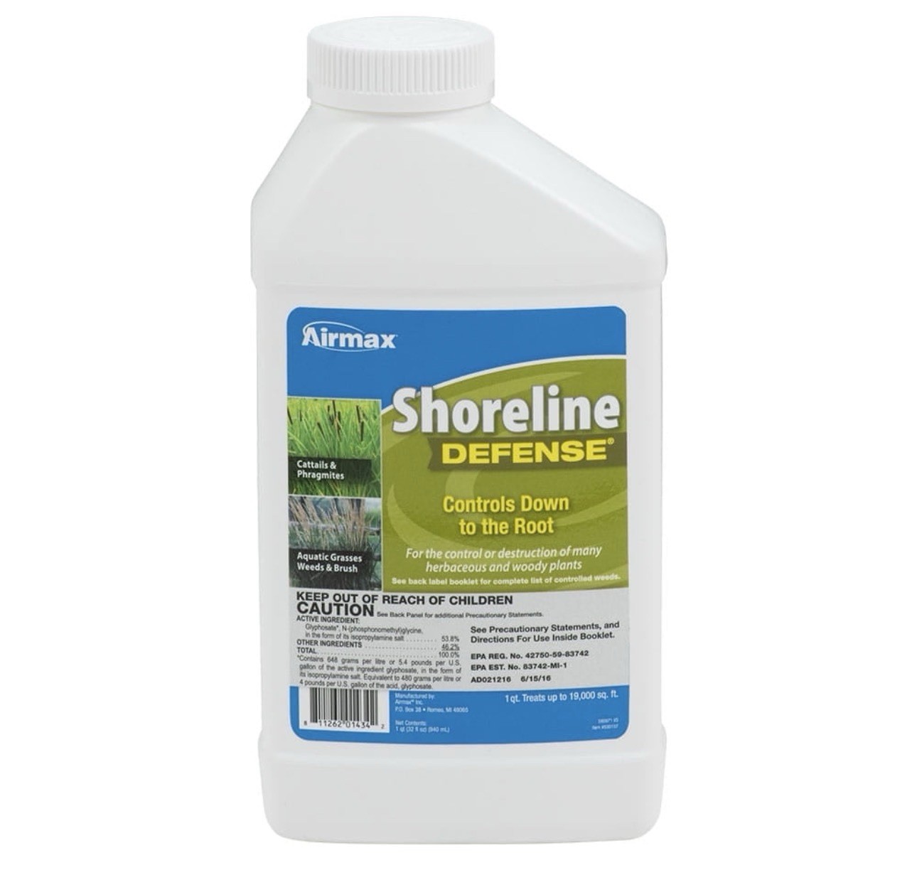 Airmax Shoreline Defense Emergent Weed Control 1 Quart Treats 19000 Sq Ft