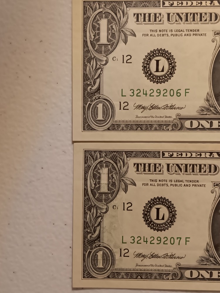2-Errors Consecutive 1999 $1 Green Seal Federal Reserve Notes- Offset Error