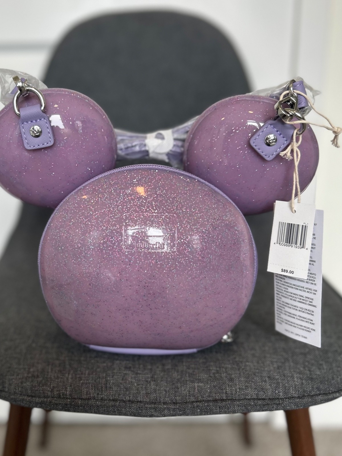 Disney Parks Loungefly Mickey Mouse 3D Head Purple Glitter Crossbody Bag NEW