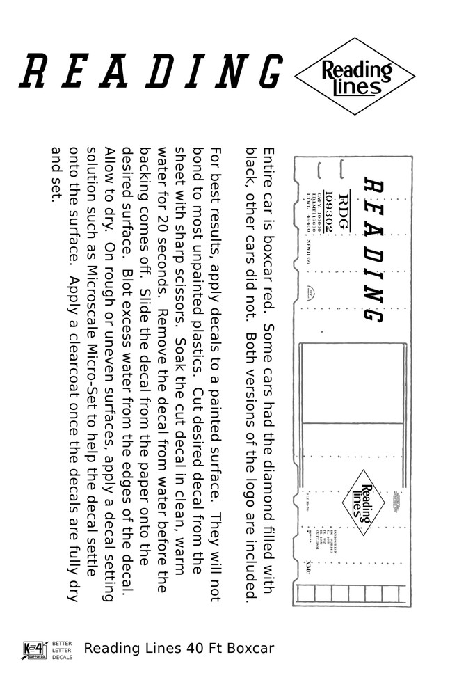 K4 HO Scale Decals Reading 40 Ft Boxcar White Diamond Logo