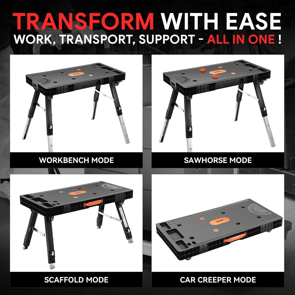 [5-In-1] Heavy Duty Adjustable Height Folding Workbench Work Table w/ 4 Wheels