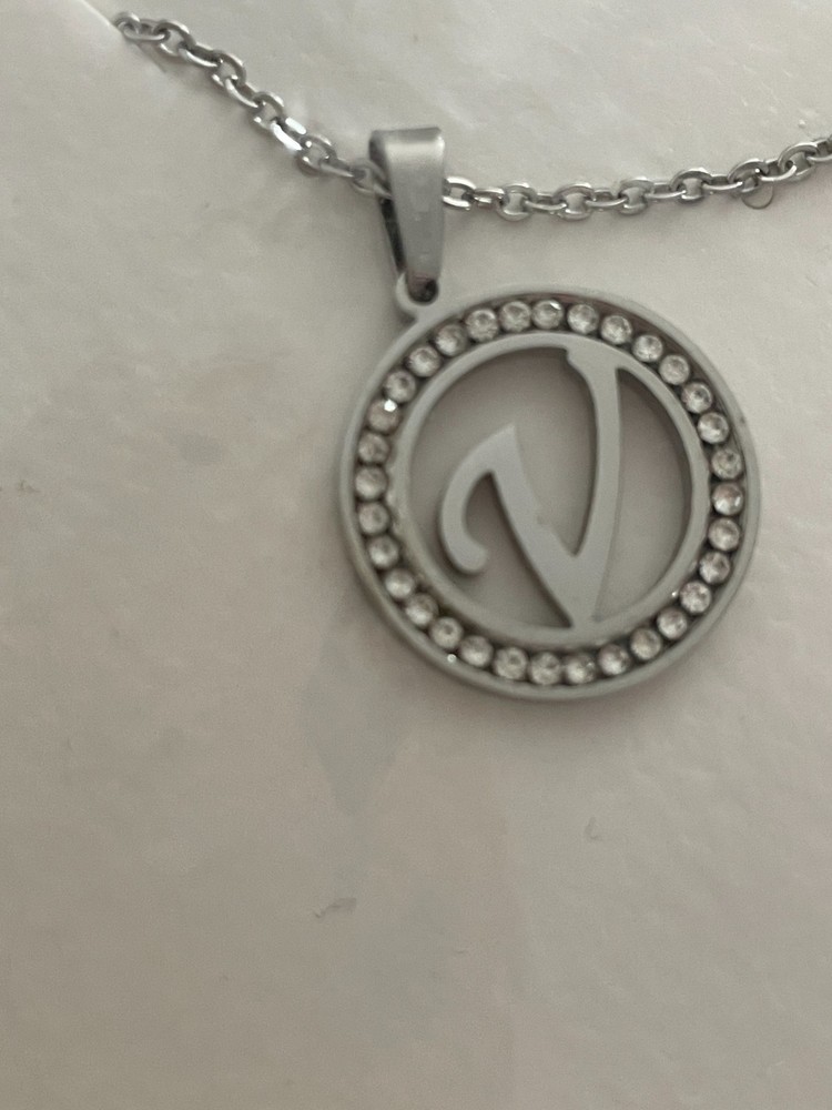 Silver Tone Rhinestone Initial V Pendant Necklace