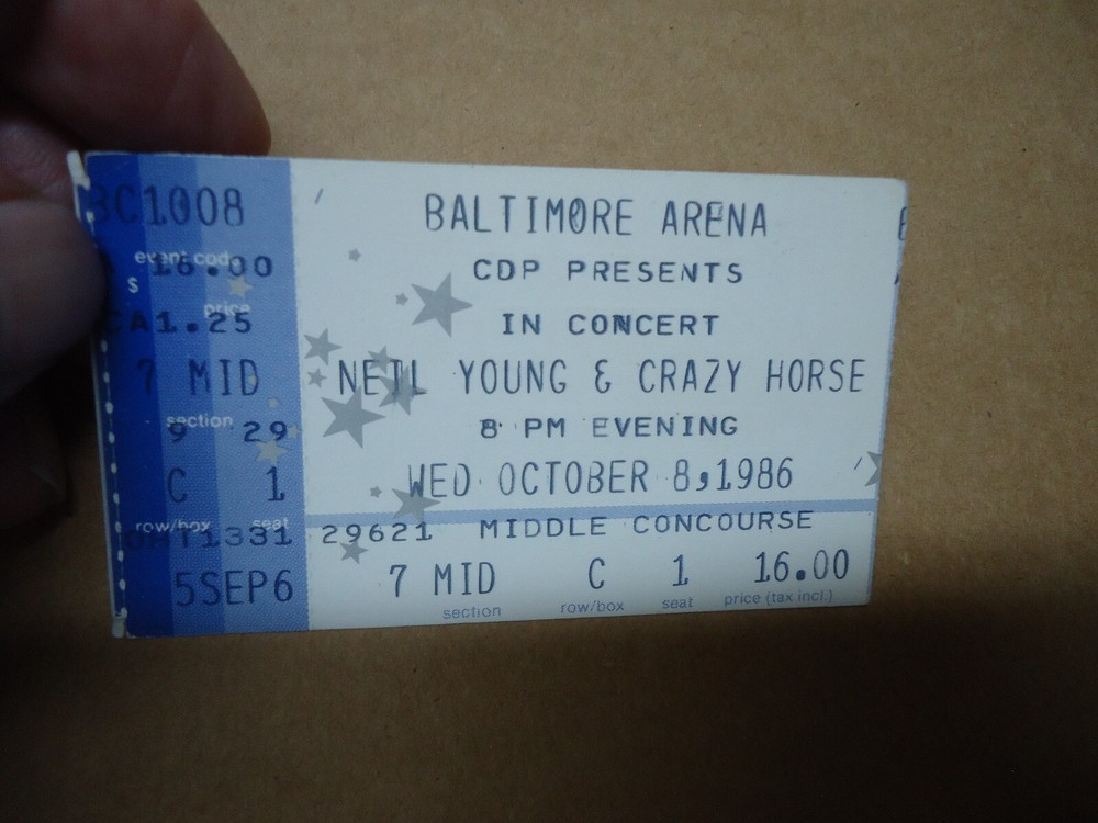 Neil Young & Crazy Horse concert ticket Baltimore Arena BALTIMORE MD 10 8 1986