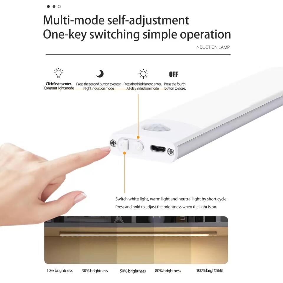 LED Motion Sensor Under Cabinet Closet Light USB Rechargeable Kitchen Lamp Strip