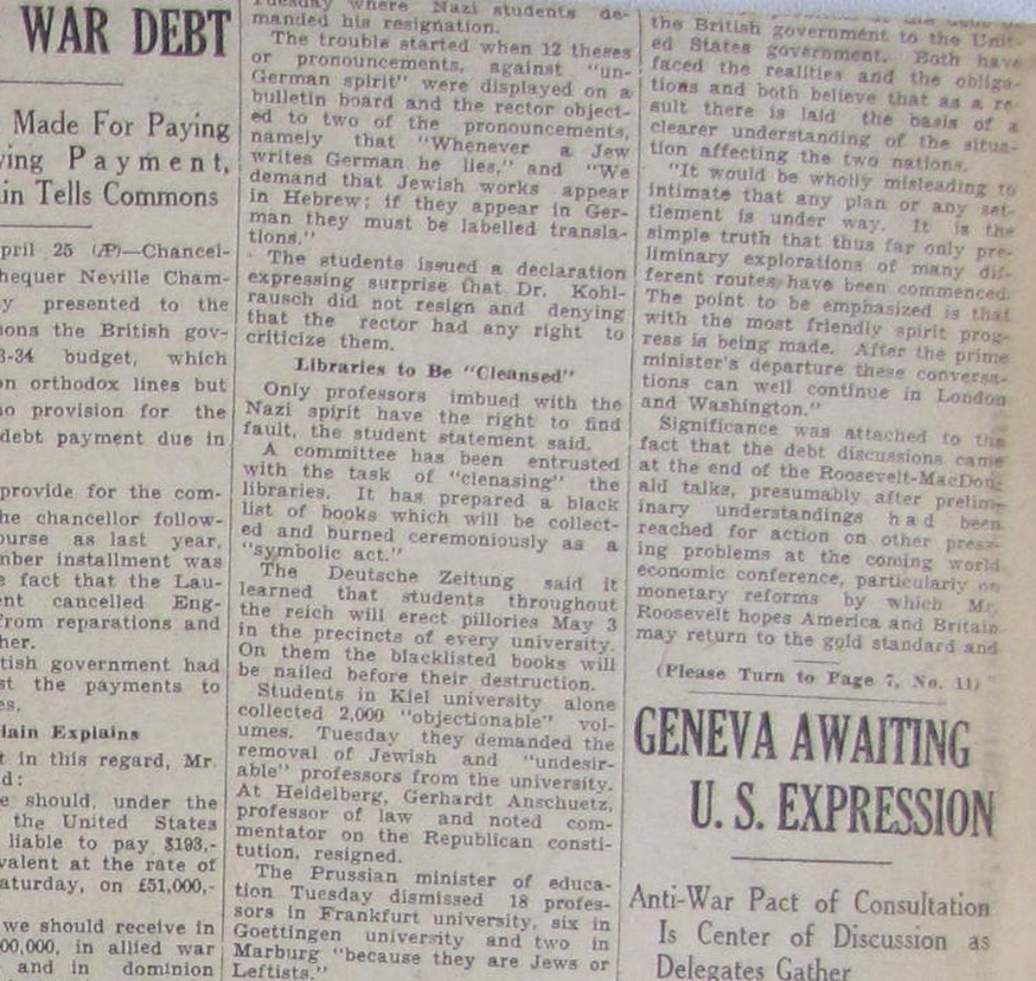 Vintage 1933 Nazi Germany Hitler War on Jewish Universities Newspaper