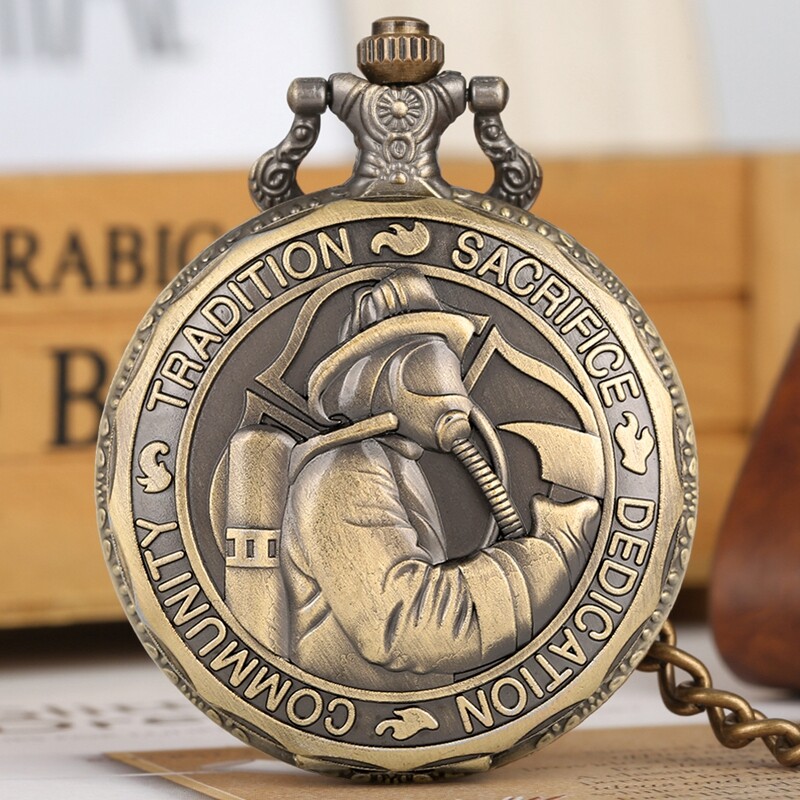 Bronze Fire Fighter Quartz Pocket Watch Fob Chain Exquisite Embossed Design Gift