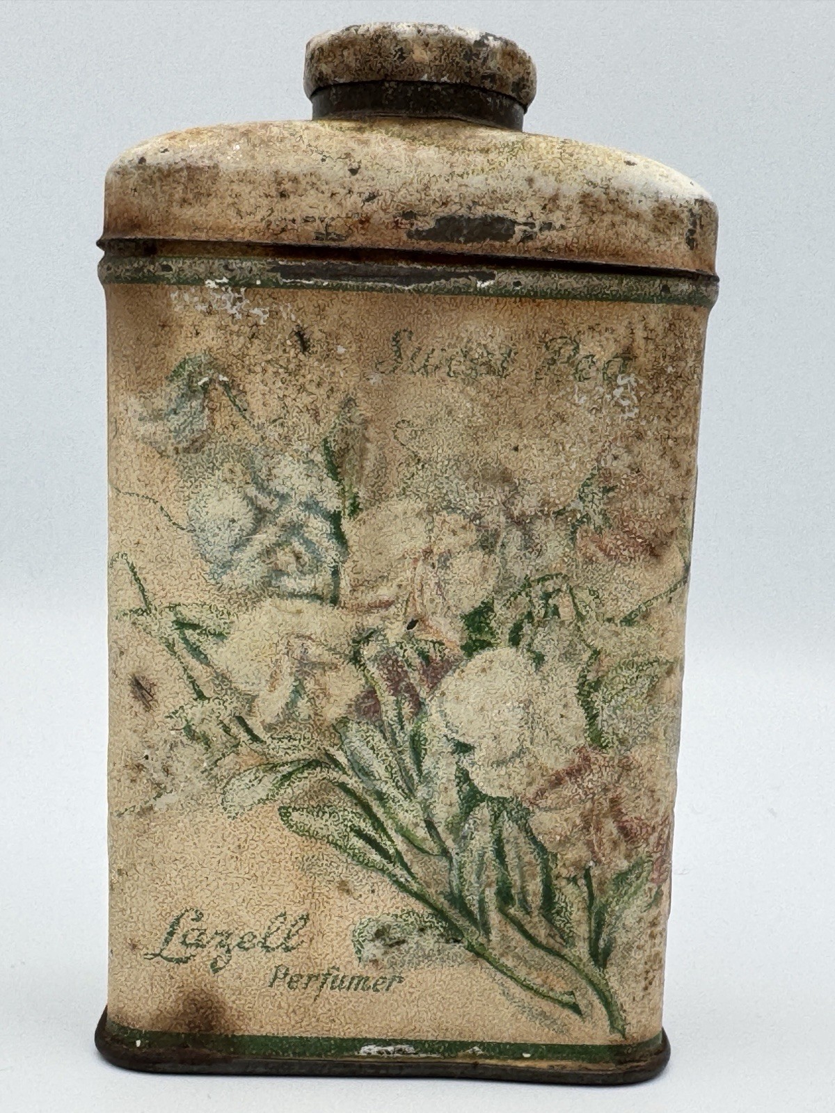 Antique Lazell Sweet Pea Talc Tin c1910 Advertising Floral Patina Cottagecore