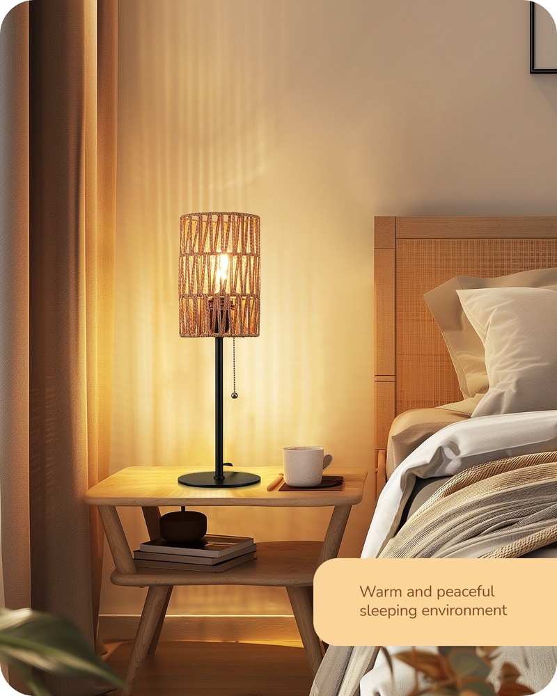 EDISHINE Rattan Table Lamp, Boho Nightstand Lamp with Pull Chain, E26 Socket