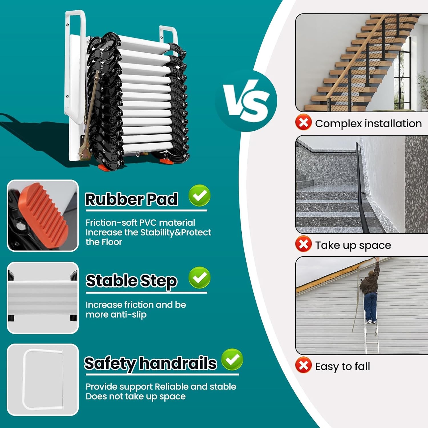 1102lb Anti-Slip Attic Ladder,Wall-Mounted Attic Ladder Pull Down System forRoof