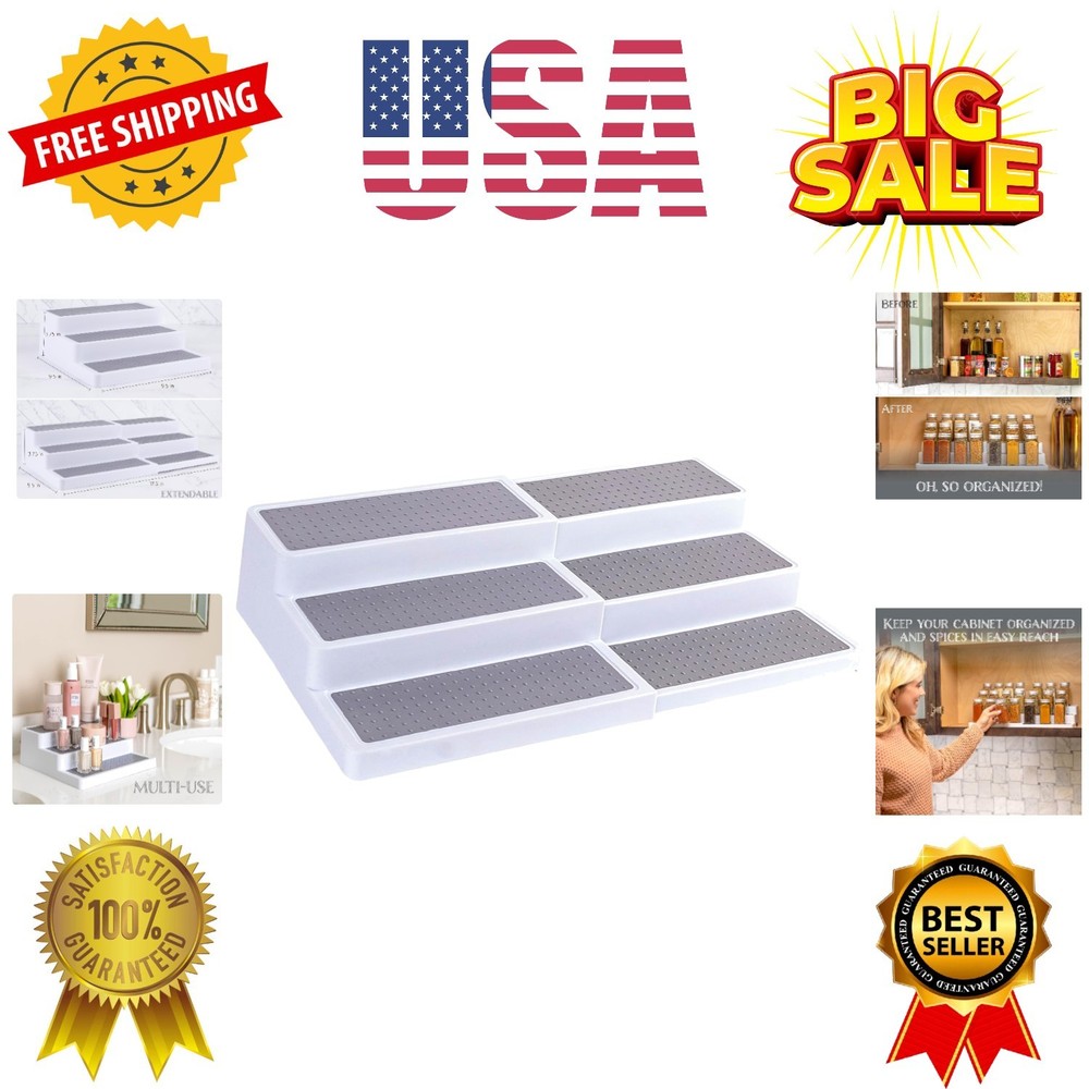 3–Tier Expandable Plastic Spice Rack - Adjustable Length, Stability with Non-...