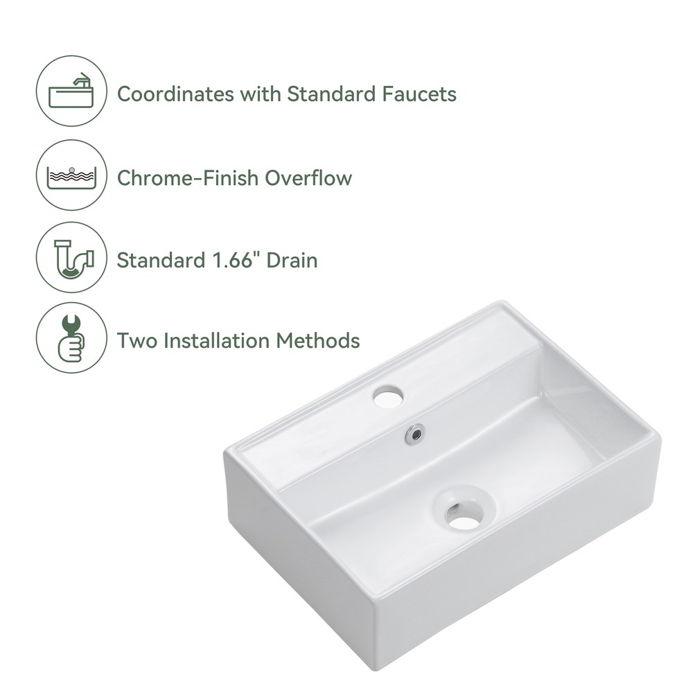 Small Vessel Sink 20"x17" Wall Mount Bathroom Sink Rectangular White Floating