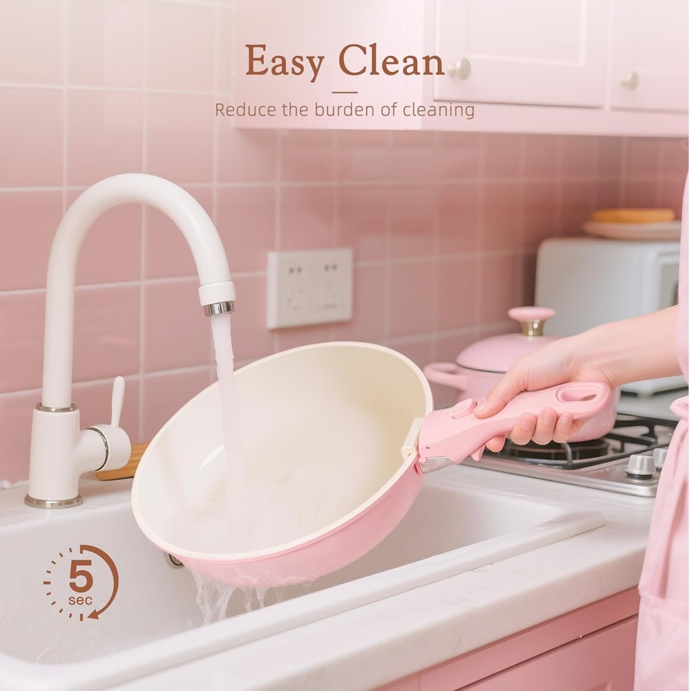 21Pc Nonstick Ceramic Cookware Set – Detachable Handle Stackable Pink