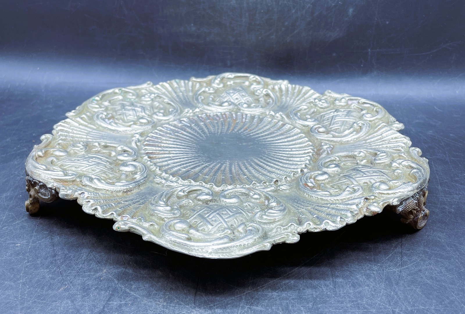 Antique Silver Plate Footed Plateau Stand Tray Ornate Edge, Display