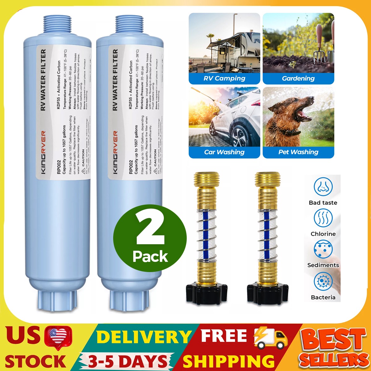 2* RV Water Filter w/Hose Protector for Drinking Reduces Chlorine Odor Sediment