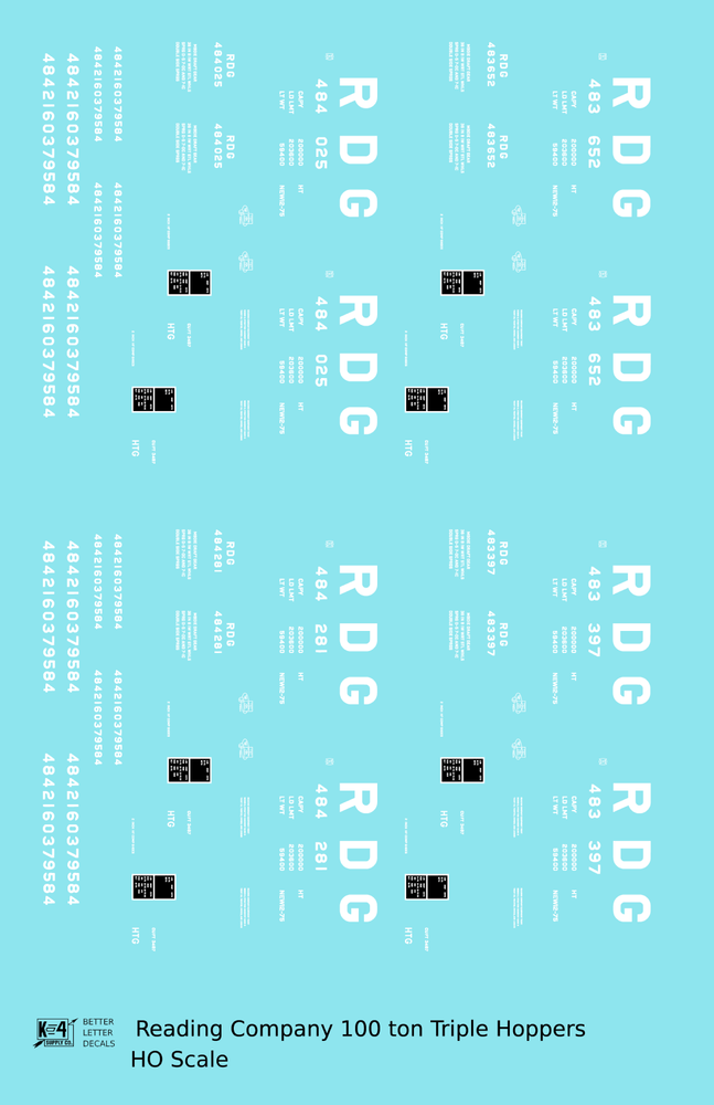 K4 HO Scale Decals Reading Three Bay Hopper White Big RDG