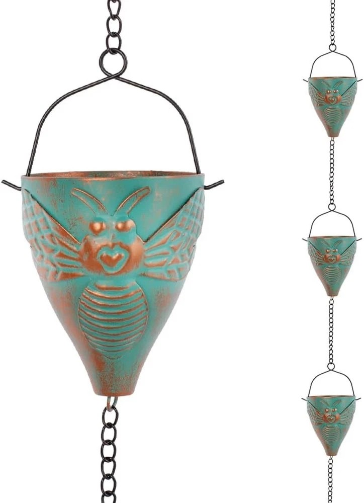 10 FT Rain Chain with Bee Pattern Cups Adjustable Decorative Gutter Rain Catch