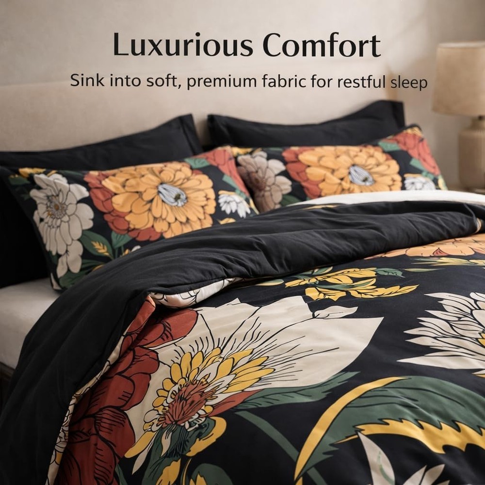Black Boho Floral King Comforter Set 3Pc Reversible Bedding Set