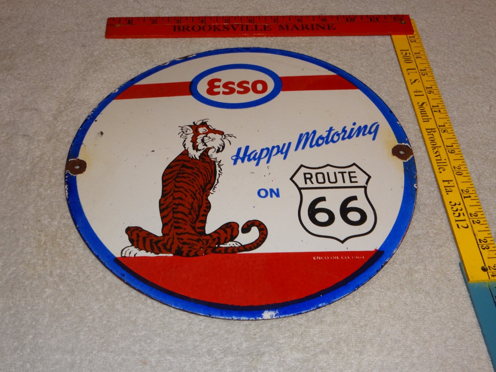 VINTAGE 1964 ESSO PUT A TIGER IN GAS TANK +ROUTE 66 11 3/4" PORCELAIN METAL SIGN
