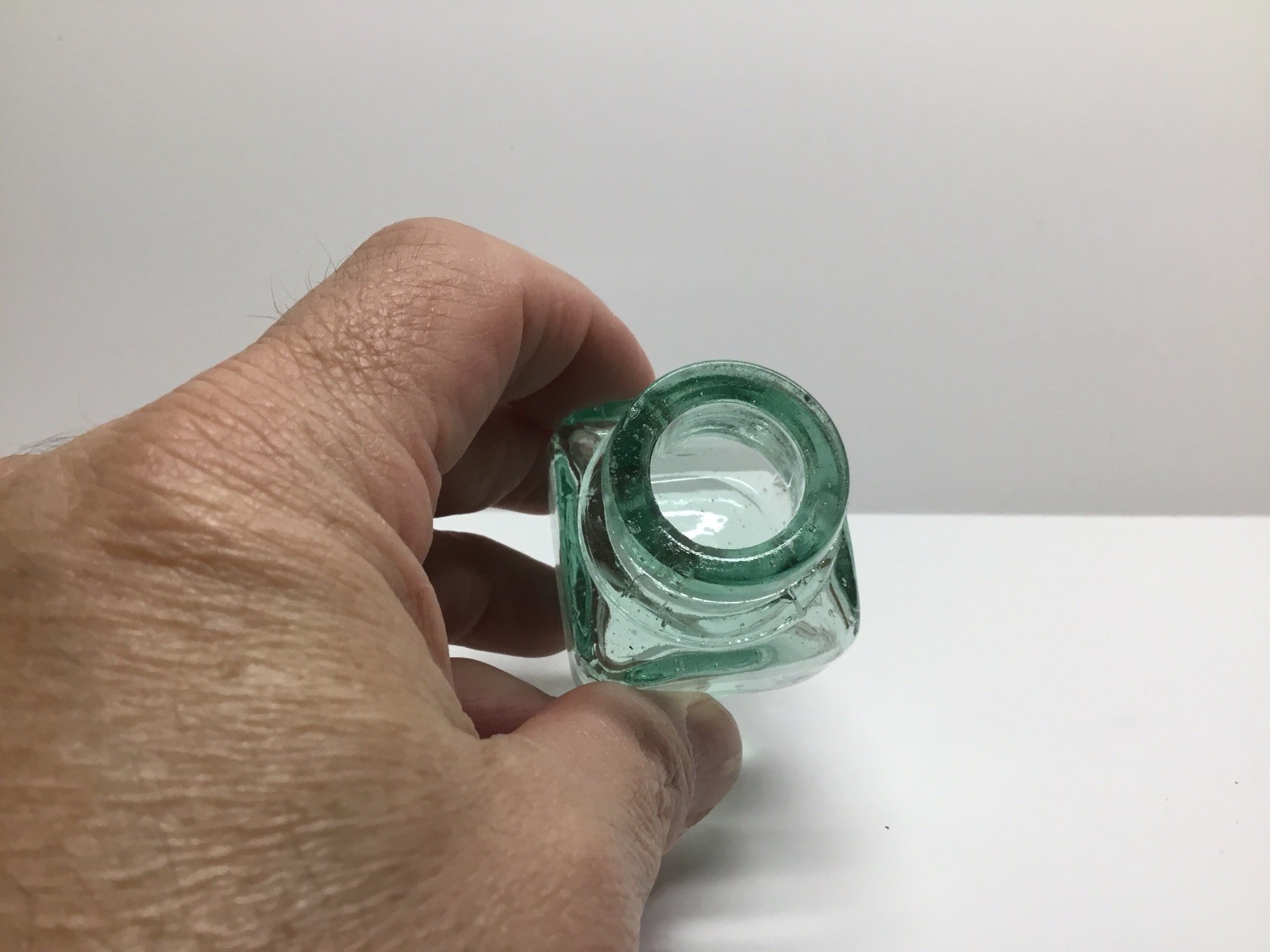 Small Antique Aqua Cube Finished Top Inkwell.