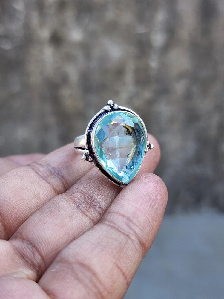 Solid 925 Sterling Silver Aquamarine Pear Gemstone Statement Handmade Women Ring
