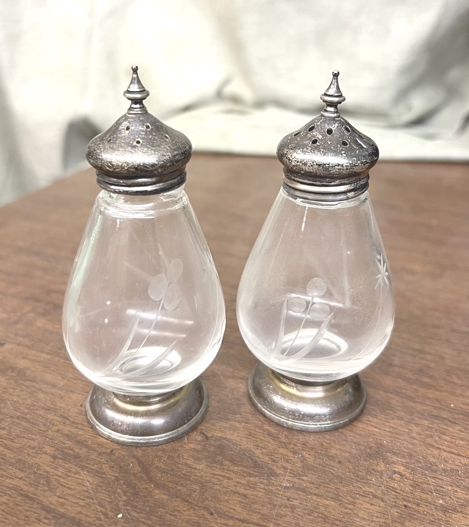 Etched Crystal and Sterling Silver Salt and Pepper Shakers