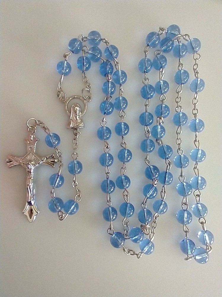 Catholic Blue Glass 5 Decade Rosary Silver Tone Crucifix