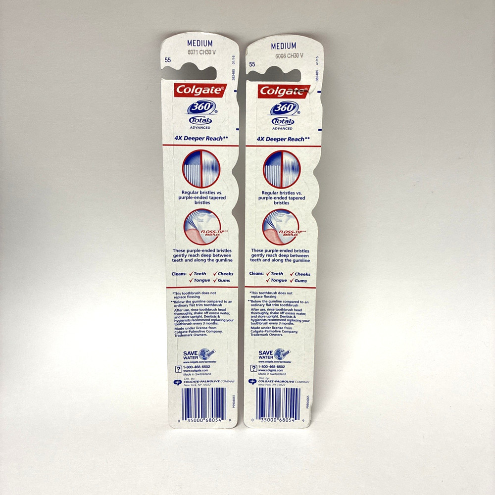 2 Pack X Colgate 360° Total Advanced FLOSS-TIP Bristles Toothbrushes, Medium 55