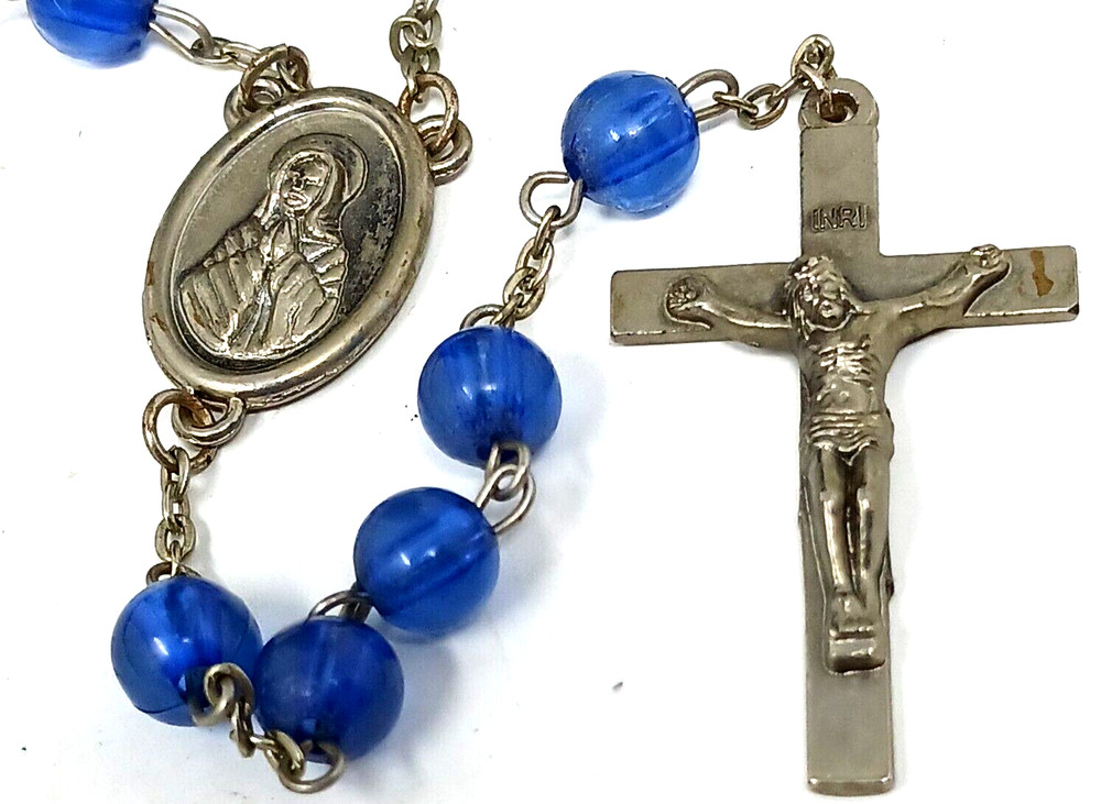 Catholic Rosary Cross Chaplet Necklace Blue Beads Silver Tone #J5Db