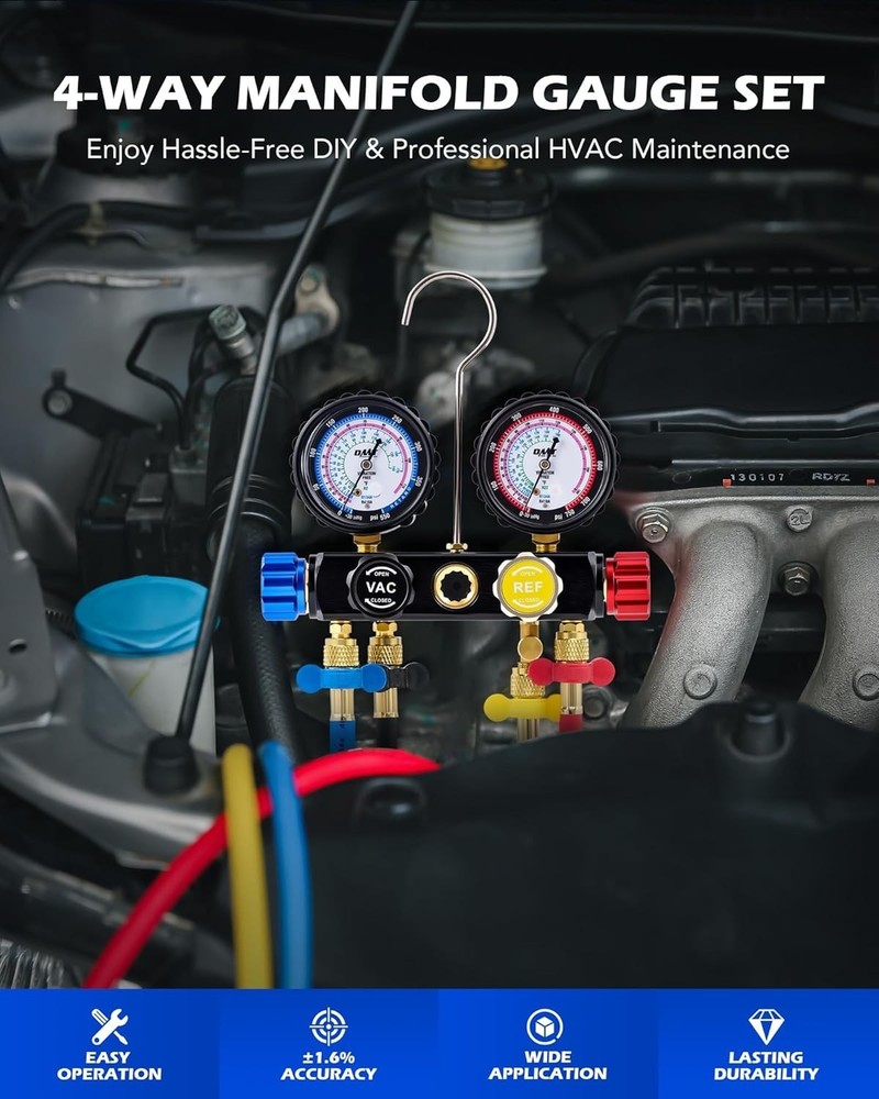 Durable 4 Valve AC Manifold with Color-Coded Hoses & Complete Adapter Kit