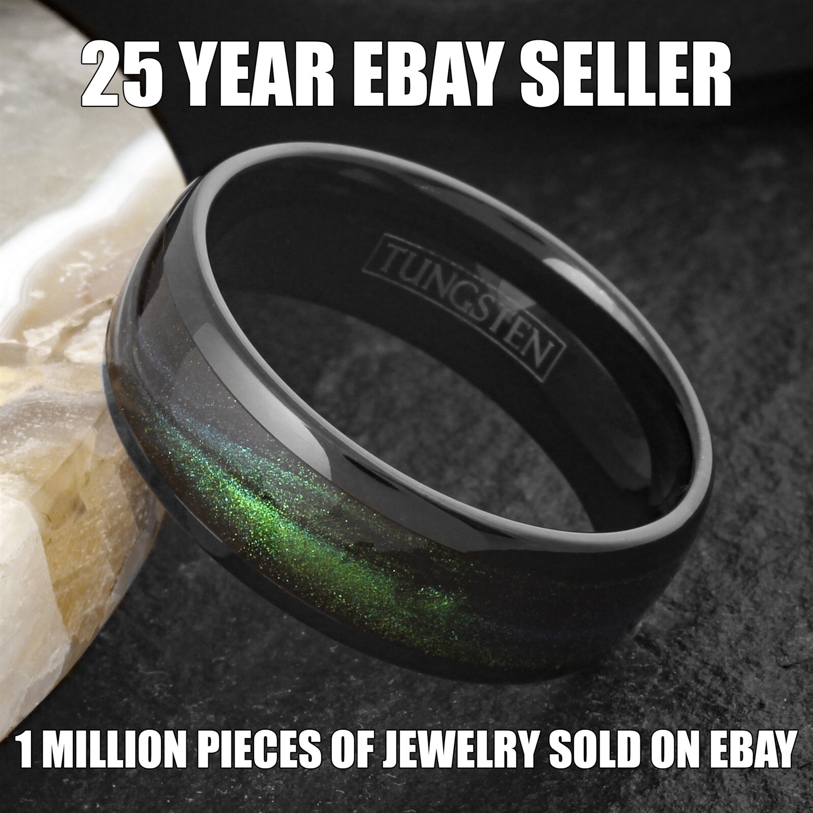 8mm Black Tungsten Carbide Emerald Green Flowing Sand Wedding Band Ring