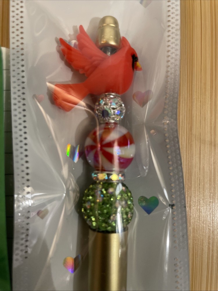 HANDCRAFTED RED BIRD BEADED PEN & NOTE PAD SET