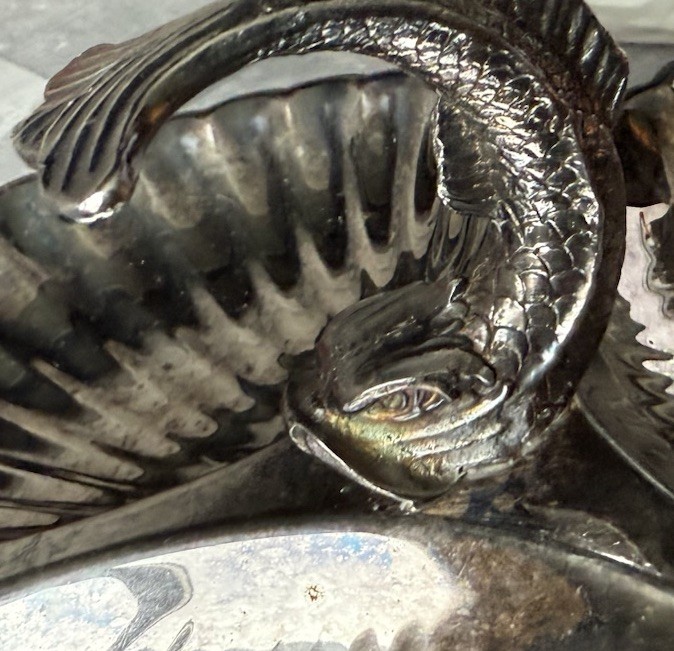 Silver Plated Three Scallop Shell Shaped Serving Dish Center Dolphin Handle