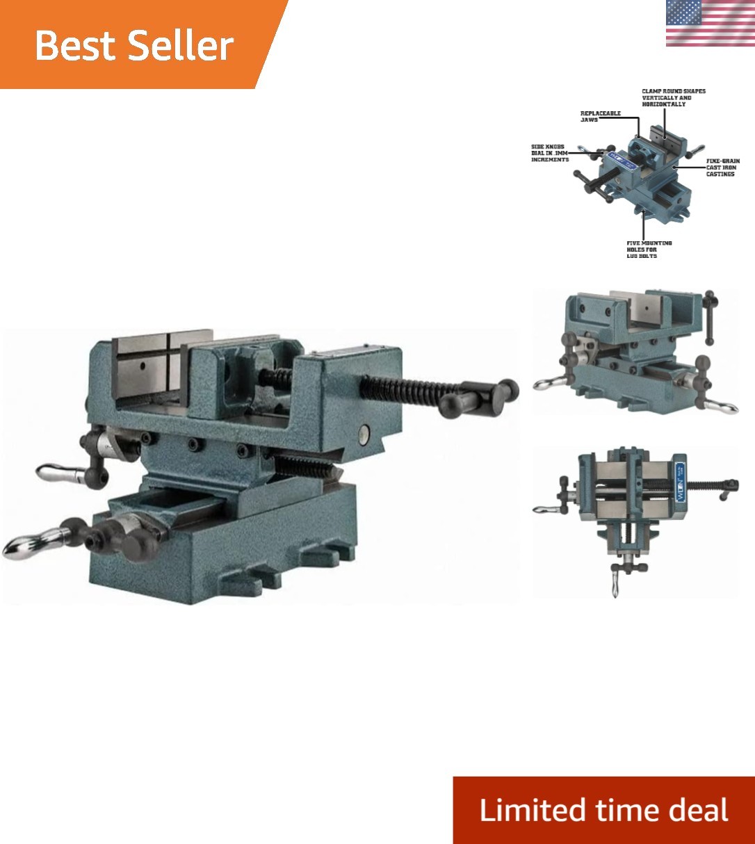 Versatile Cross-Slide Vise with Hardened Jaws for Vertical & Horizontal Clamping
