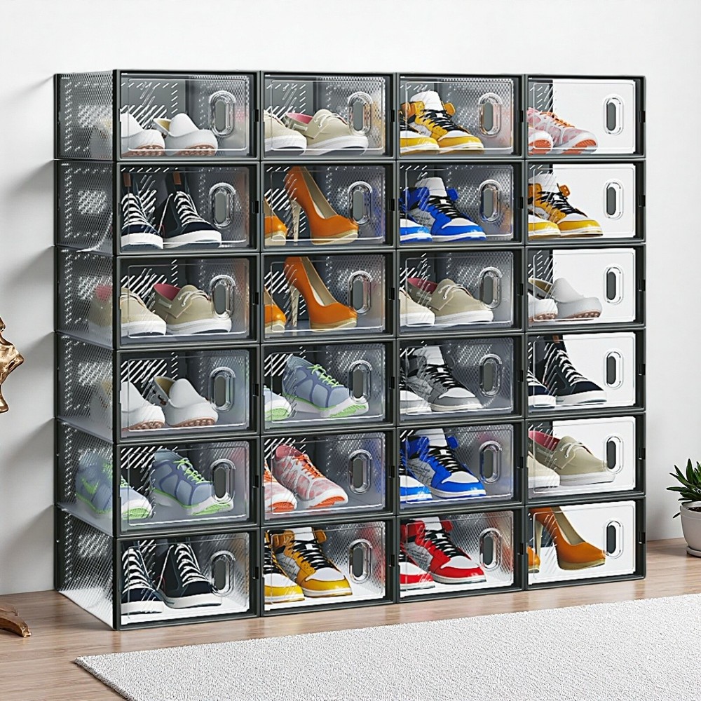 24-Pack Shoe Storage Boxes - Stackable, Door, Plastic Mesh, Black & Small Size