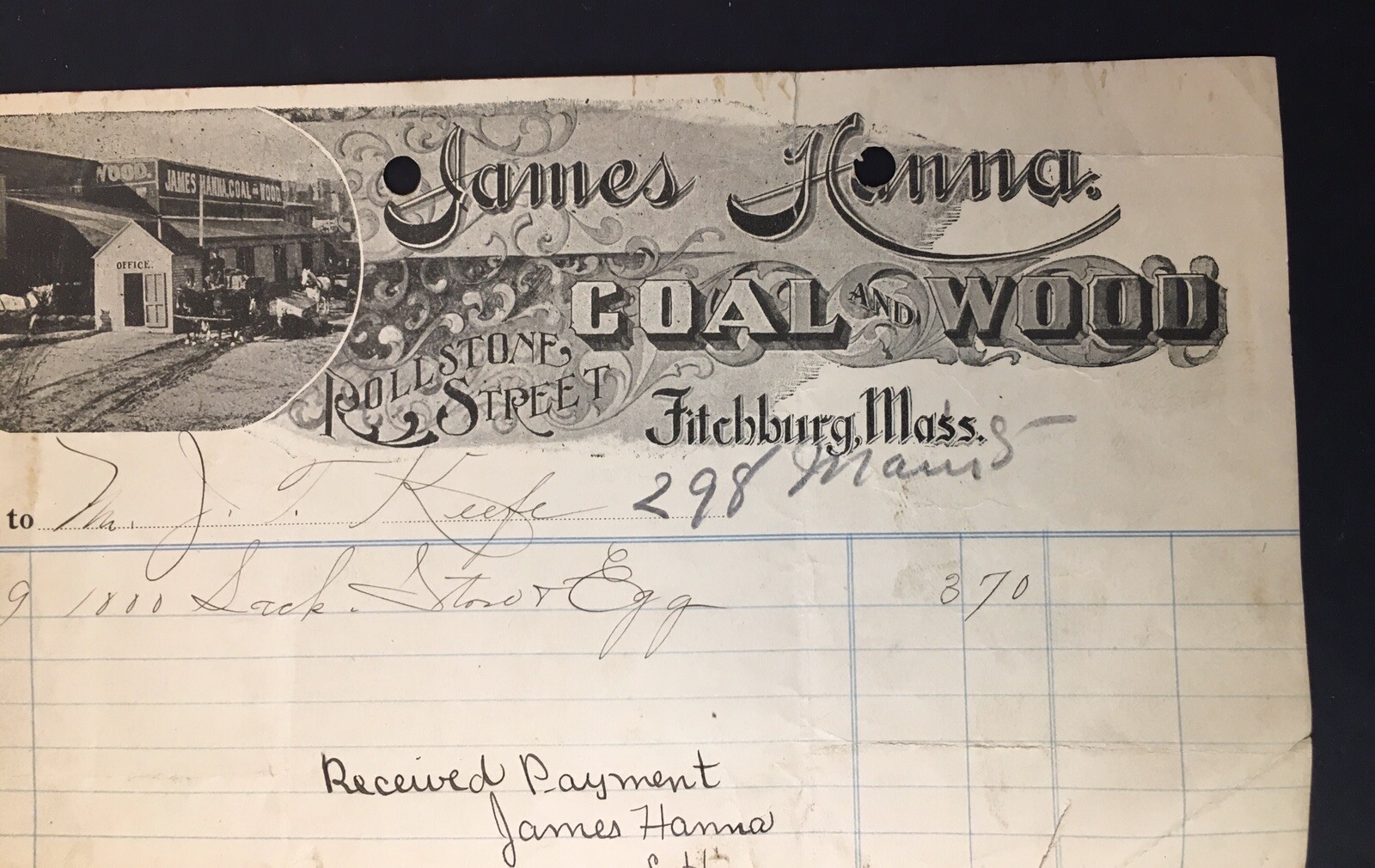 James Hanna Coal and Wool of All Kinds Antique Receipt of Payment Fitchburg MA