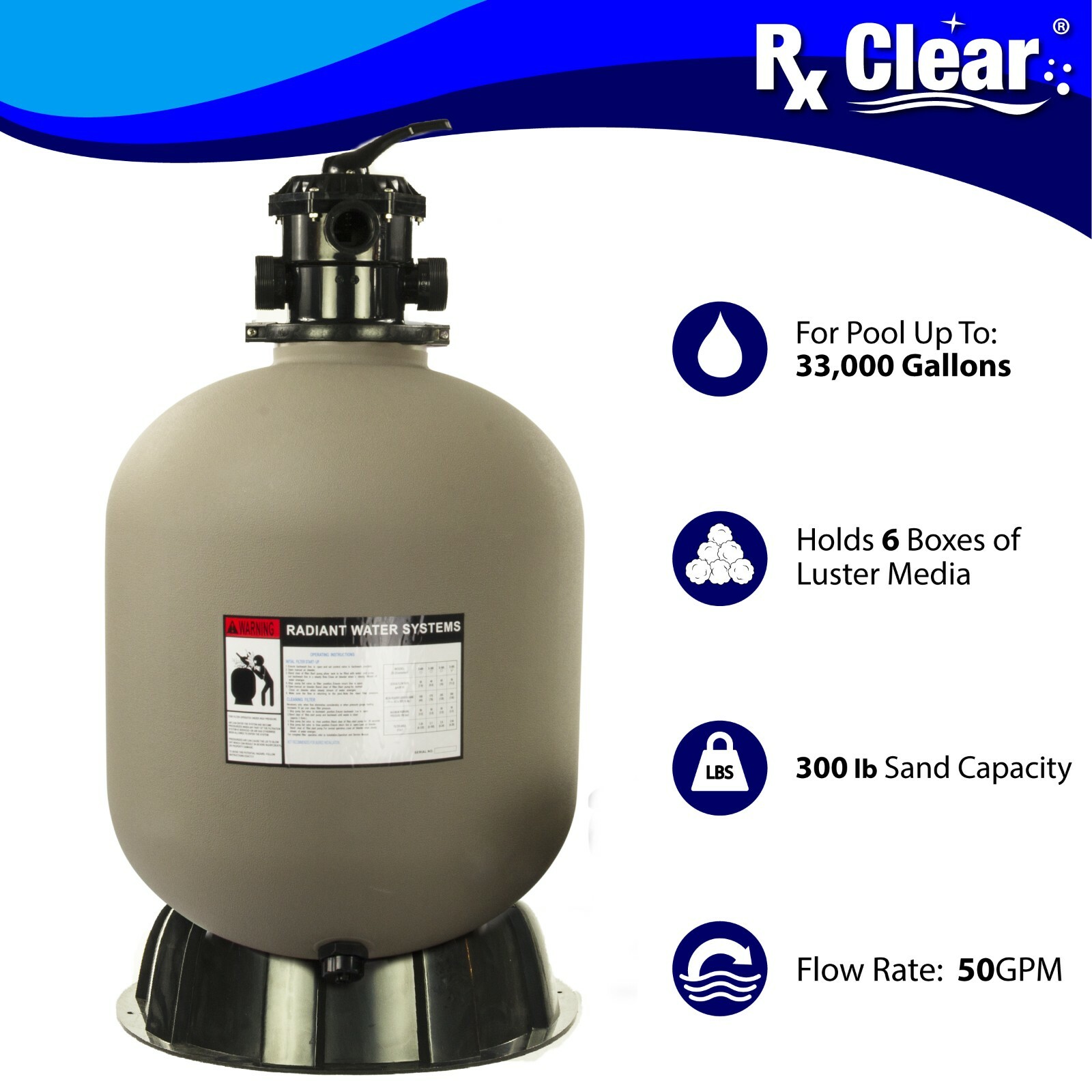 Rx Clear Radiant 24" Inch In-Ground Swimming Pool Sand Filter w/ 6-Way Valve