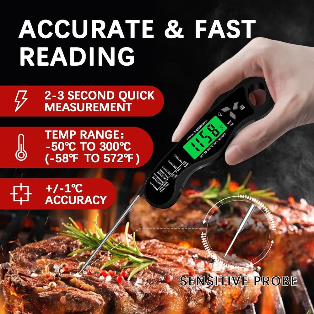 Instant Read Cooking Thermometer - Waterproof, Backlit, & Calibration Ready