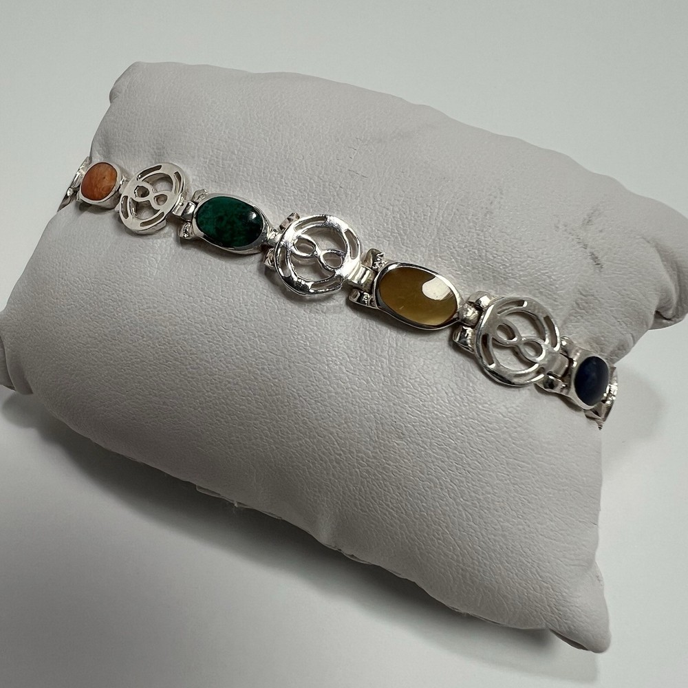 Peruvian 925 Sterling Silver Multi Gemstone Link Bracelet