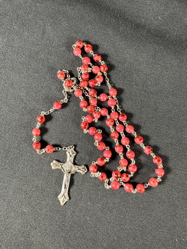 Pink Bead Rosary Silver Tone Crucifix