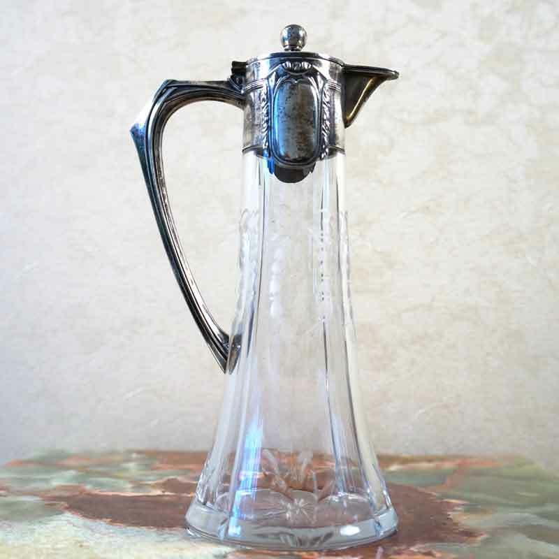 Unique Antique Silver Crystal Repousse Jug