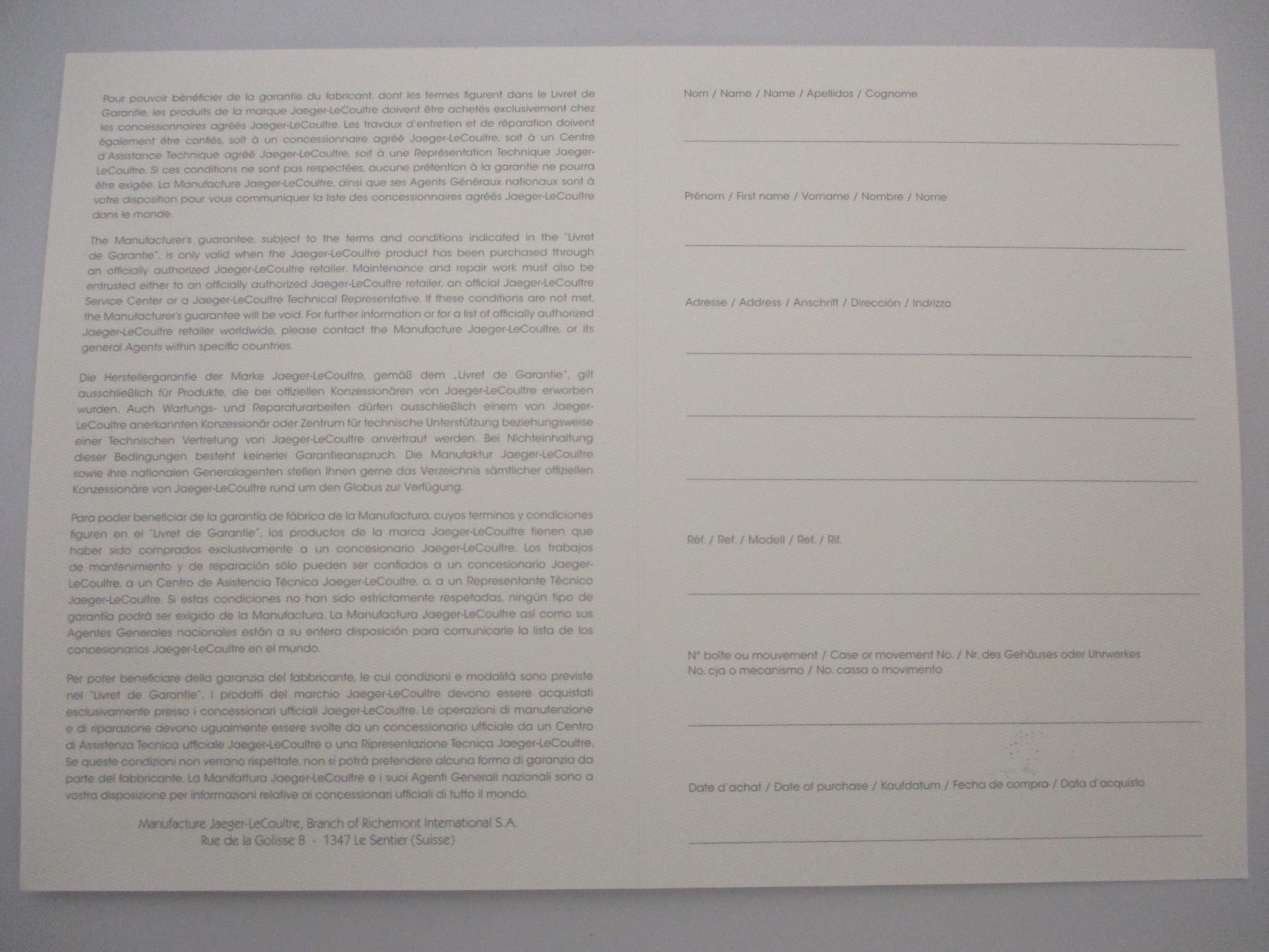 Jaeger-LeCoultre Retail Stamped Watch Certificat Garantie Guarantee Certificate