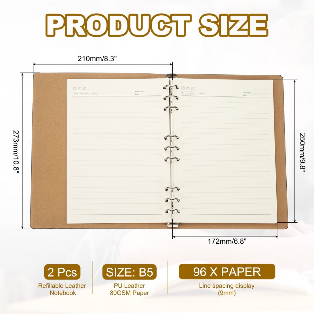 B5 Refillable Leather Notebook, 2Pcs 9 Ring Hardcover Binder Notebook, Black