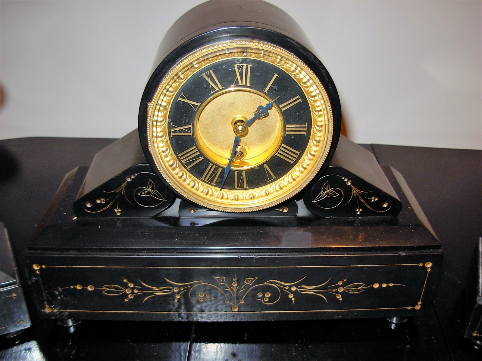 Antique European Black Slate Mantle Clock with Matching Garnitures